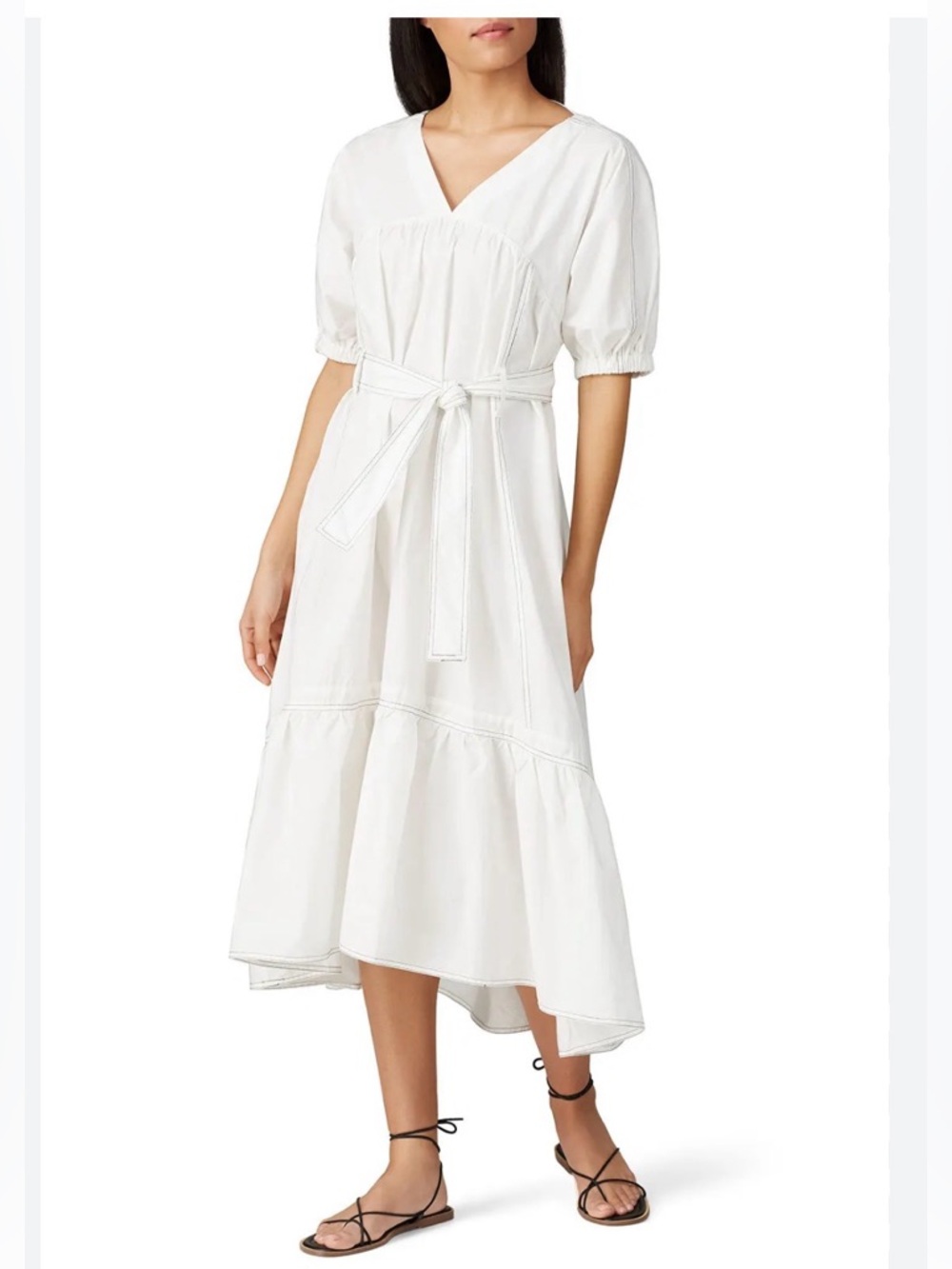 CAARA Lombardy Dress White V-Neck Tie-Waist Midi Dress cotton XS